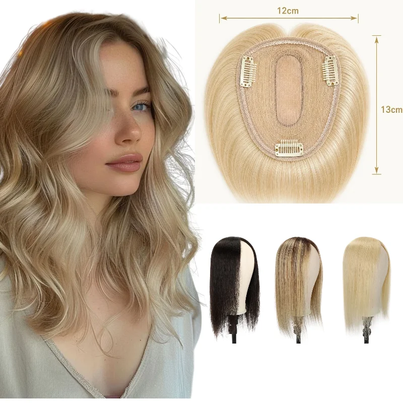 Women Topper 100% Human Hair Silk Lace Base Clip In 12x13cm 25cm Middle Part Machine Made Remy Hair #613 #P4-27 Hot Discount 48H