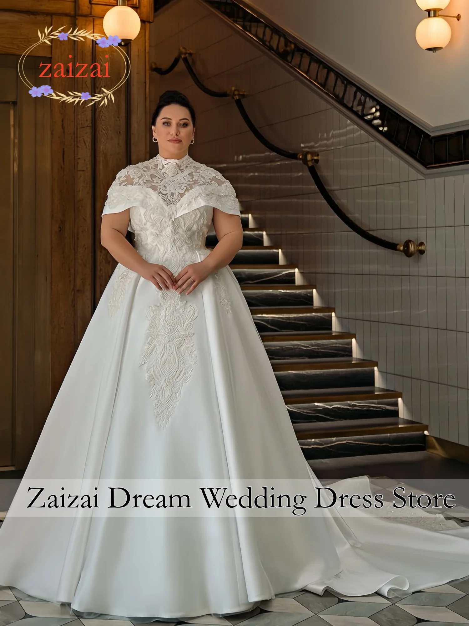 Customized Plus Size Lace A Line Wedding Dress with Jacket, Elegant Satin Long Train Bride Dresses, Button Closure Bridal Gown