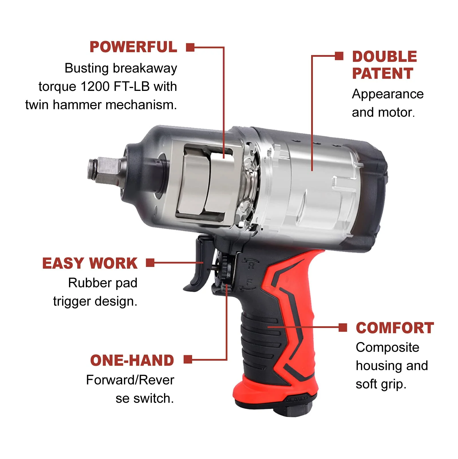 AEROPRO 1/2’’ Twin Hammer Air Impact Wrench - 1356N.M High Torque Tire Removal Tool for Vehicle Trucks - Pneumatic Power Tool