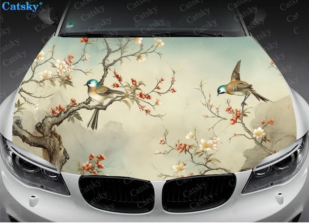 Birds on Tree Branch Painting Car Hood Vinyl Stickers Wrap Vinyl Film Engine Cover Decals Sticker on Car Auto Accessories