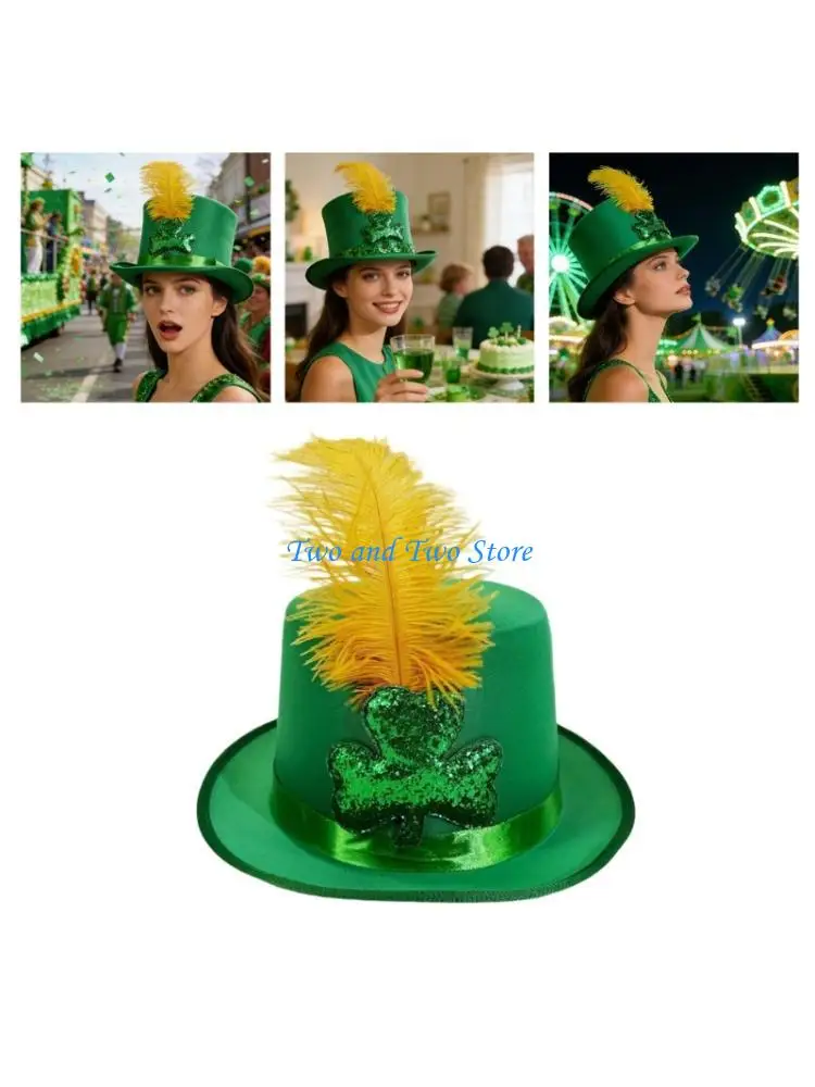 

HX6F Leprechaun Homburg Top Hat Western Porkpie Hat Glitter Shamrock Party Wear