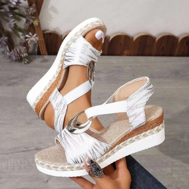Women's Sandals Open Toe Low Wedge Heel Elastic Slingback Metal Ring Decor Metallic Look Pattern Casual Espadrille Style Shoes