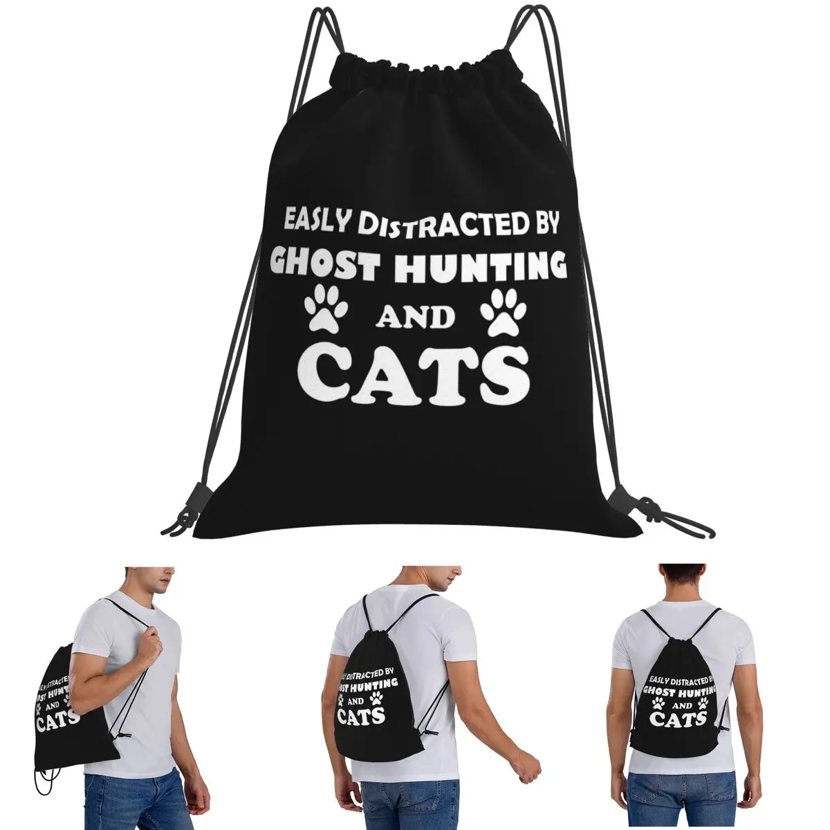 Easily Distracted By Ghost Hunting And Cats Backpacks Drawstring Bundle Pocket Storage Bag Book Bags for Man Woman Students