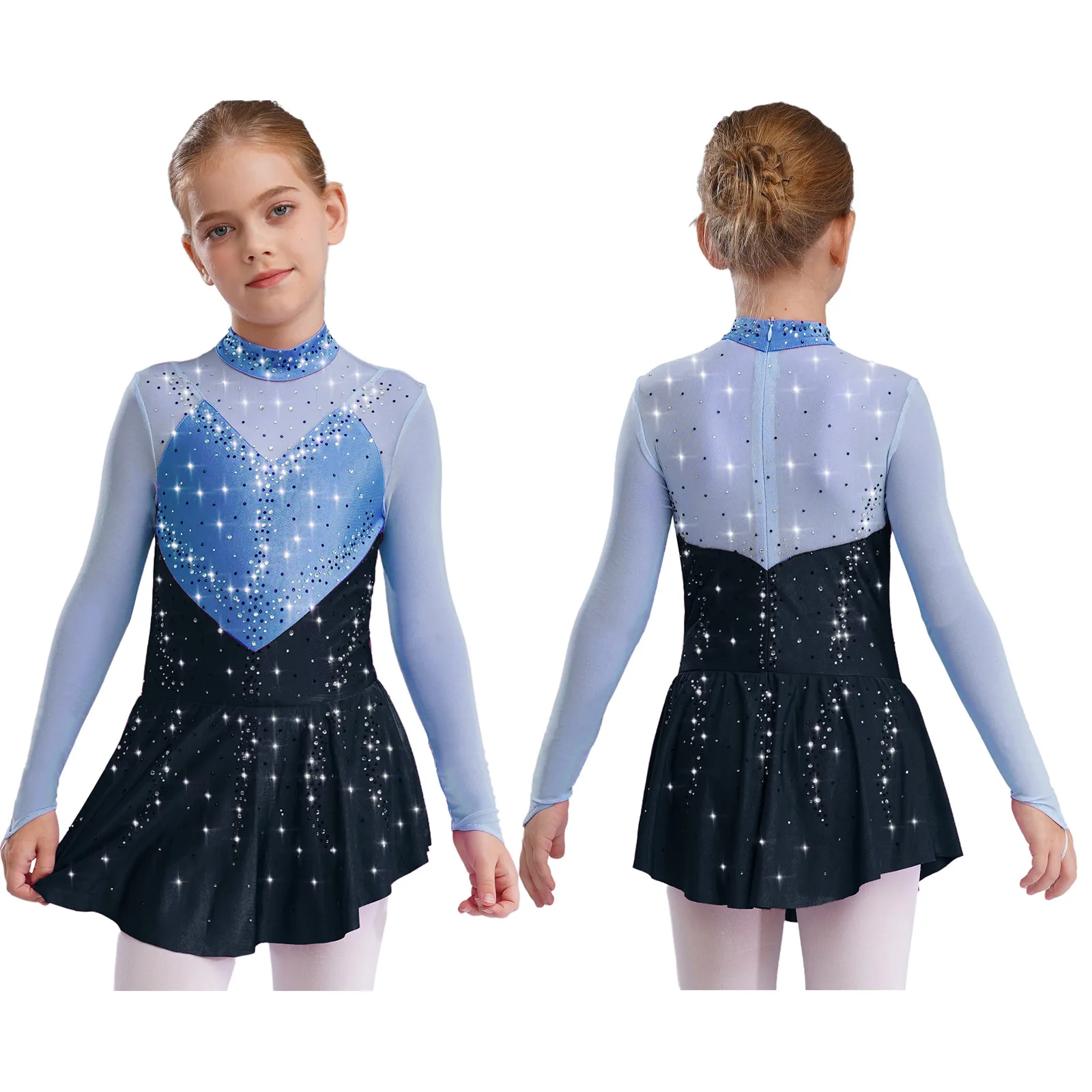 Kids Girls Figure Skating Modern Lyrical Dance Dress Long Sleeve Shiny Rhinestone Sheer Mesh Gymnastics Leotard Dress Dancewear