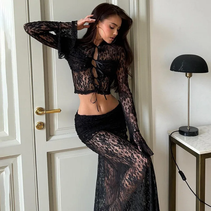 

New lace perspective two-piece set female sexy babes fashion versatile straps high waist dress set party sexy temperament elegan