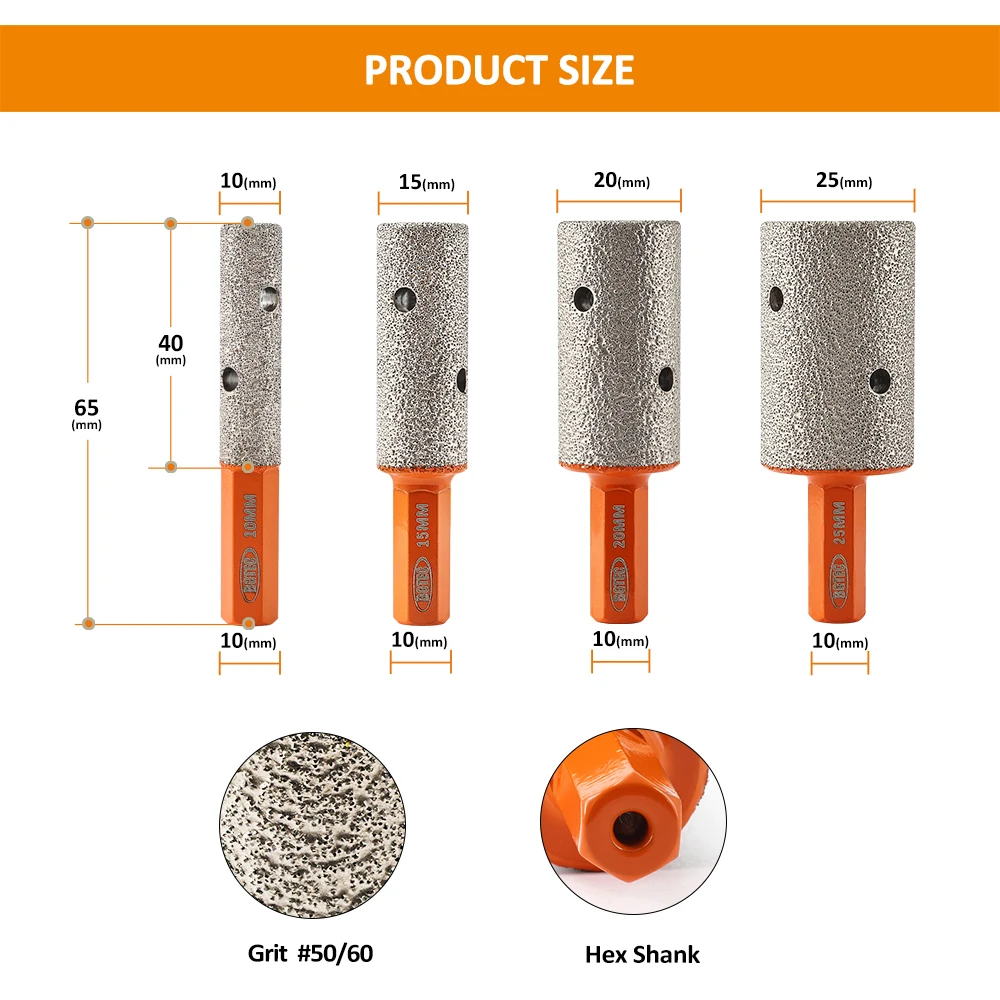 BGTEC-Hex Shank Bits dedo diamante, Milling Crown, polimento Buraco Saw, granito cerâmica Porcelana broca de mão, telha, 10mm, 15mm, 20mm, 25mm