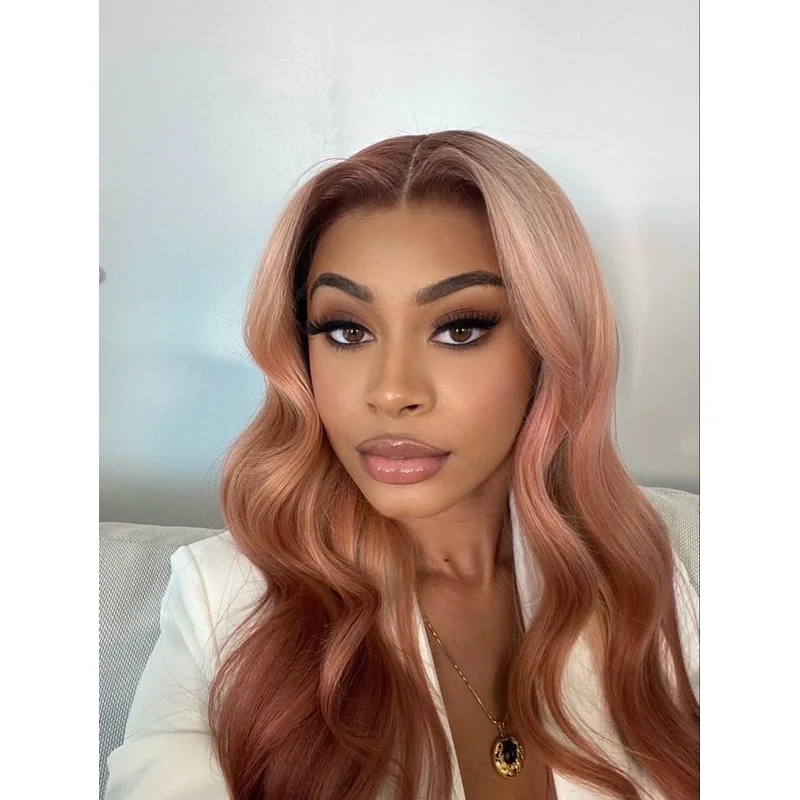 Ombre Pink to Golden Brown Wigs Human Hair Wave Lace Front Wigs Brown Roots