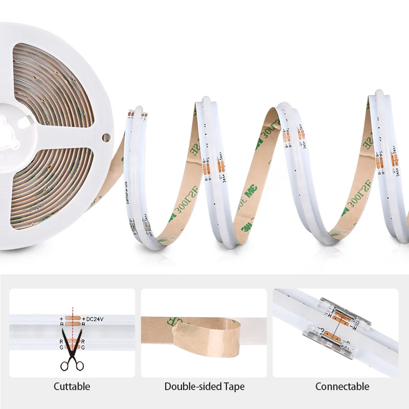 COB RGB LED 스트립 조명 576 LEDs/m, 유연한 밝기 조절 FCOB Led 테이프 다채로운 로프 조명 dc12 V 24V