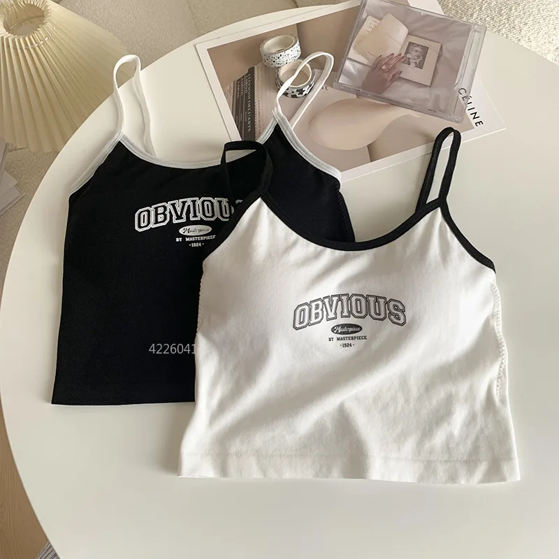 Padded Bra Crop Tops O-neck Solid Color Crop Tops Summer Letter Printing Spaghetti Camisole Women Tops Tank Top Edgy Clothes Y2k