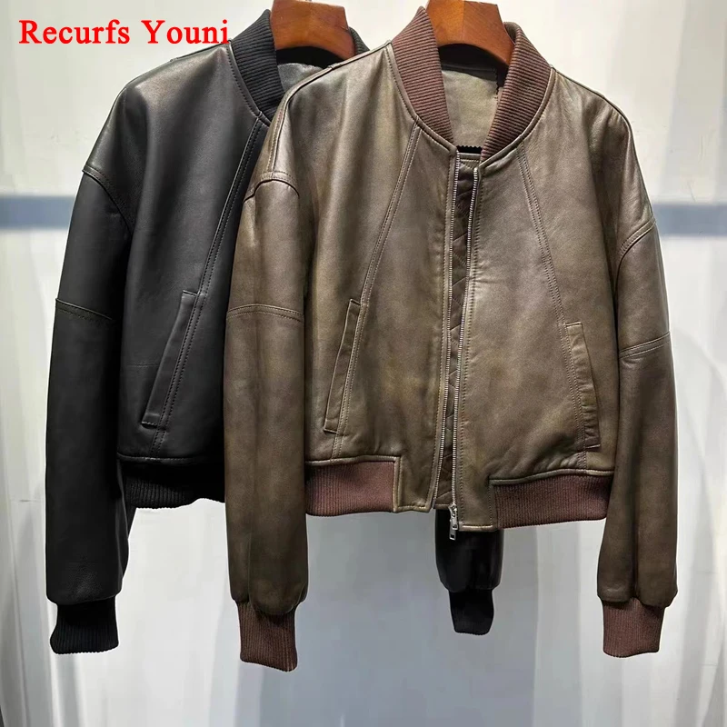 Leather Cropped Bomber Jacket For Women 2023 Winter European Old Money Designer Female Distressed Sheepskin Short Coat Outwear