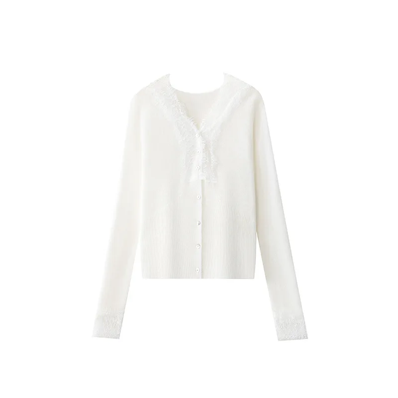 Winsleter-60.1%ขนแกะ 8%แคชเมียร์เสื้อสเวตเตอร์หรูหรา,ผู้หญิง V คอลูกไม้เย็บปะติดปะต่อกัน,ฝรั่งเศสถักเสื้อคาร์ดิแกน,ฤดูใบไม้ร่วง 2025 T58403CC