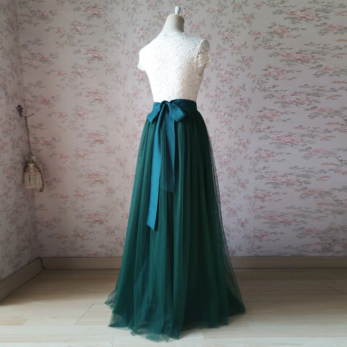 Teal Green Skirt Tulle with Belt faldas New Fashion High Street Women Long Skirt Floor Length Photoshoot