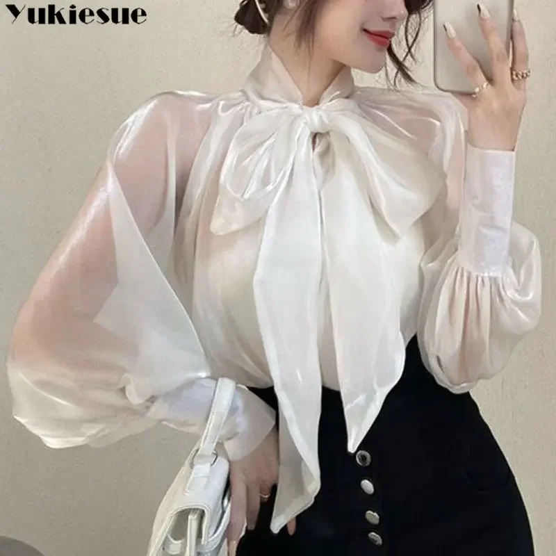 New Spring Summer Solid Long Sleeve Elegant Fashion Y2k Blouses Loose Korean Top BowCasual Chiffon Women Shirts Advanced Sense