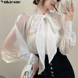 New Spring Summer Solid Long Sleeve Elegant Fashion Y2k Blouses Loose Korean Top BowCasual Chiffon Women Shirts Advanced Sense