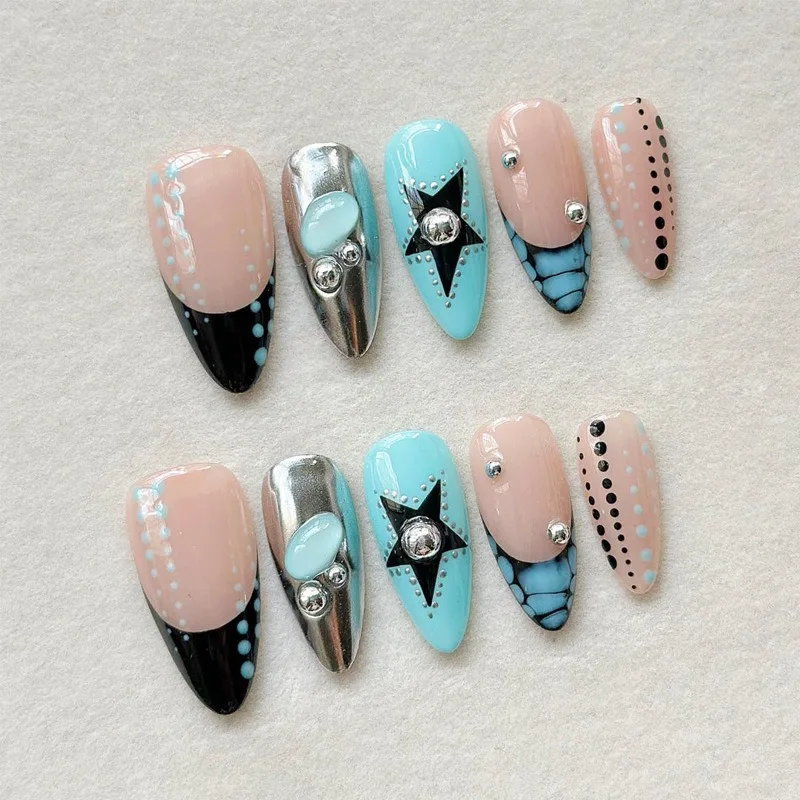 24PCS Sweet Cool Blue French False Nails Y2K Black Polka Dot Star Silver Metal Beads Cracked Texture Almond Press on Nails Tips