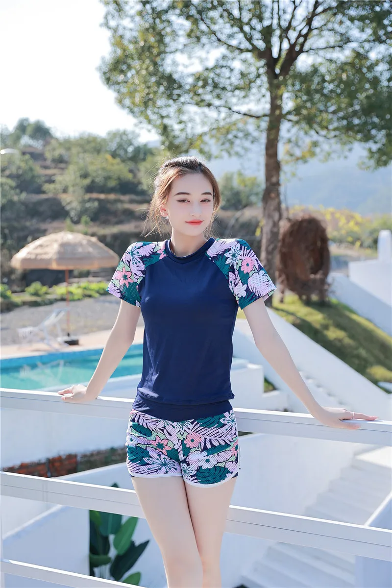 Good Quality Women Swimsuit Printing High Waist short Sleeve Elastic Hot Spring Dress Plus Size Lady Swimwear