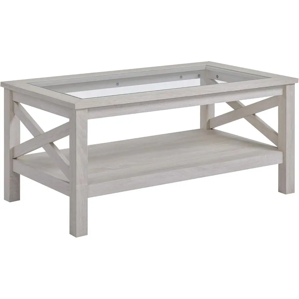 

armhouse Style Coee Table with Wood e, Tempered Glass Tabletop and Underneath Storage Shel, Side Table or Living Room, 39.25"x21
