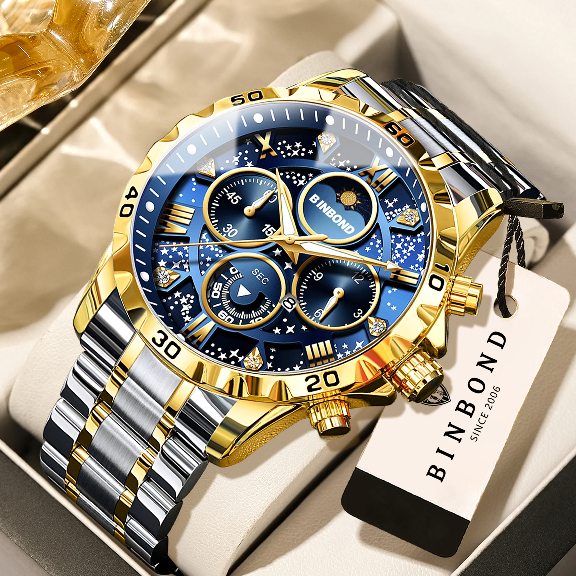 BINBOND Original Marken-Quarzuhren für Herren Luxuriöse Leuchtende Edelstahl-Chronographen Herrenuhr Elegante Herrenuhr