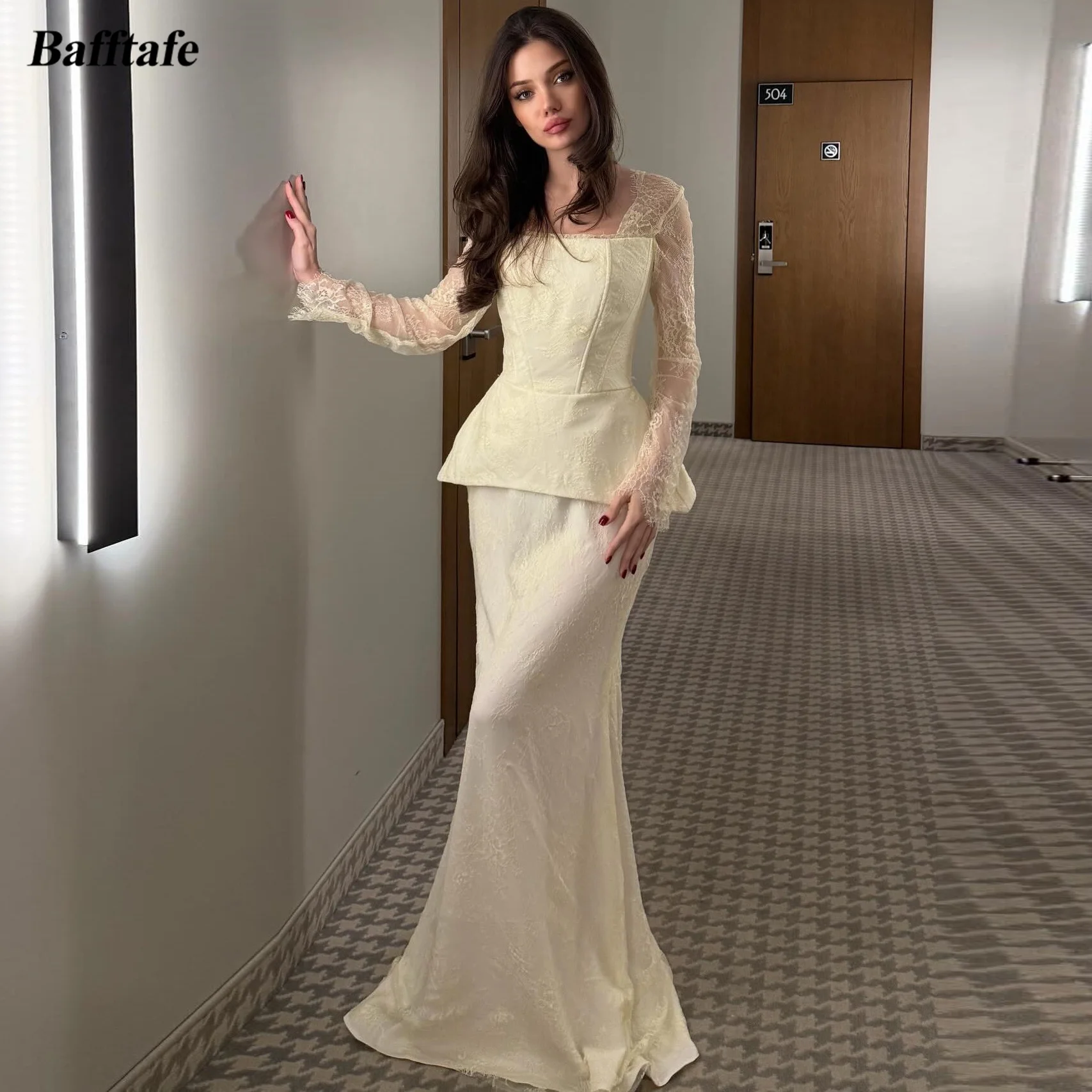 

Bafftafe Light Yellow Lace Evening Gowns Mermaid Customized Long Sleeves Arabic Women Prom Dresses Formal Party Birthday Dress