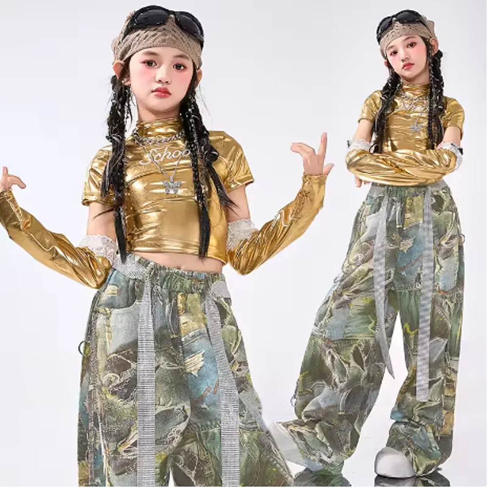 2025 New Jazz Dance Costume Girls Kpop Stage Outfit Stage Show Performance Wear Gold Crop Top Shuffle Pants Kid Streetwear  yk