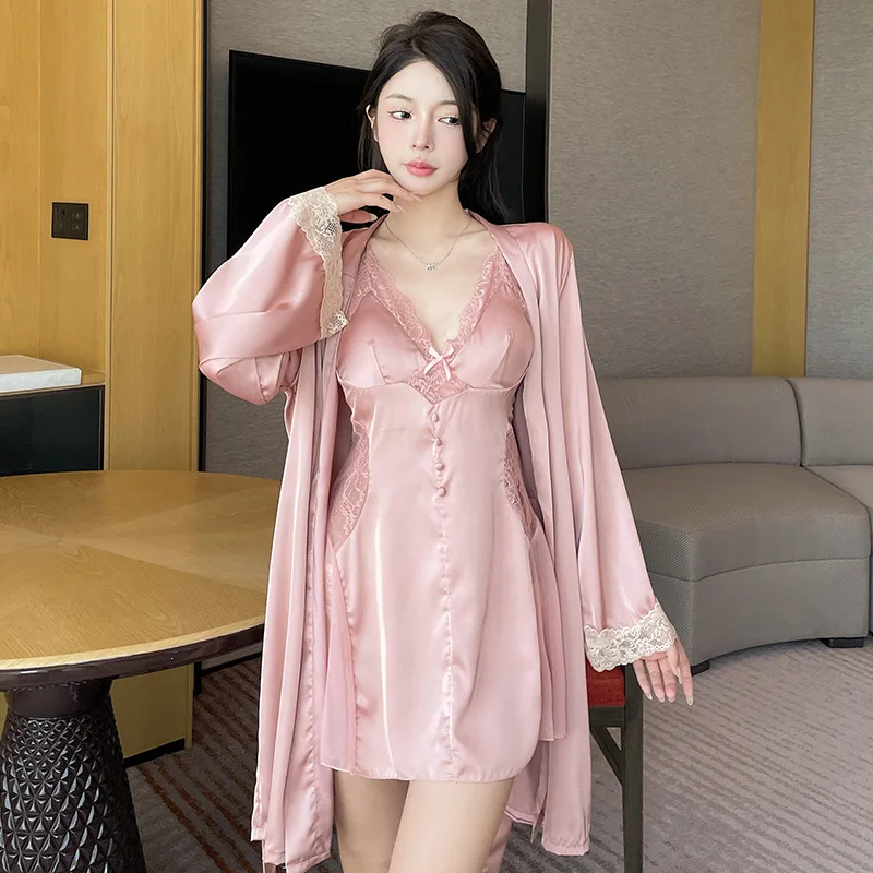 Sexy Female Twinset Robe Set Patchwork Lace Nightdress Kimono Bathrobe Gown Spring Summer Kimono Gown Loose Silk Satin Home Wear