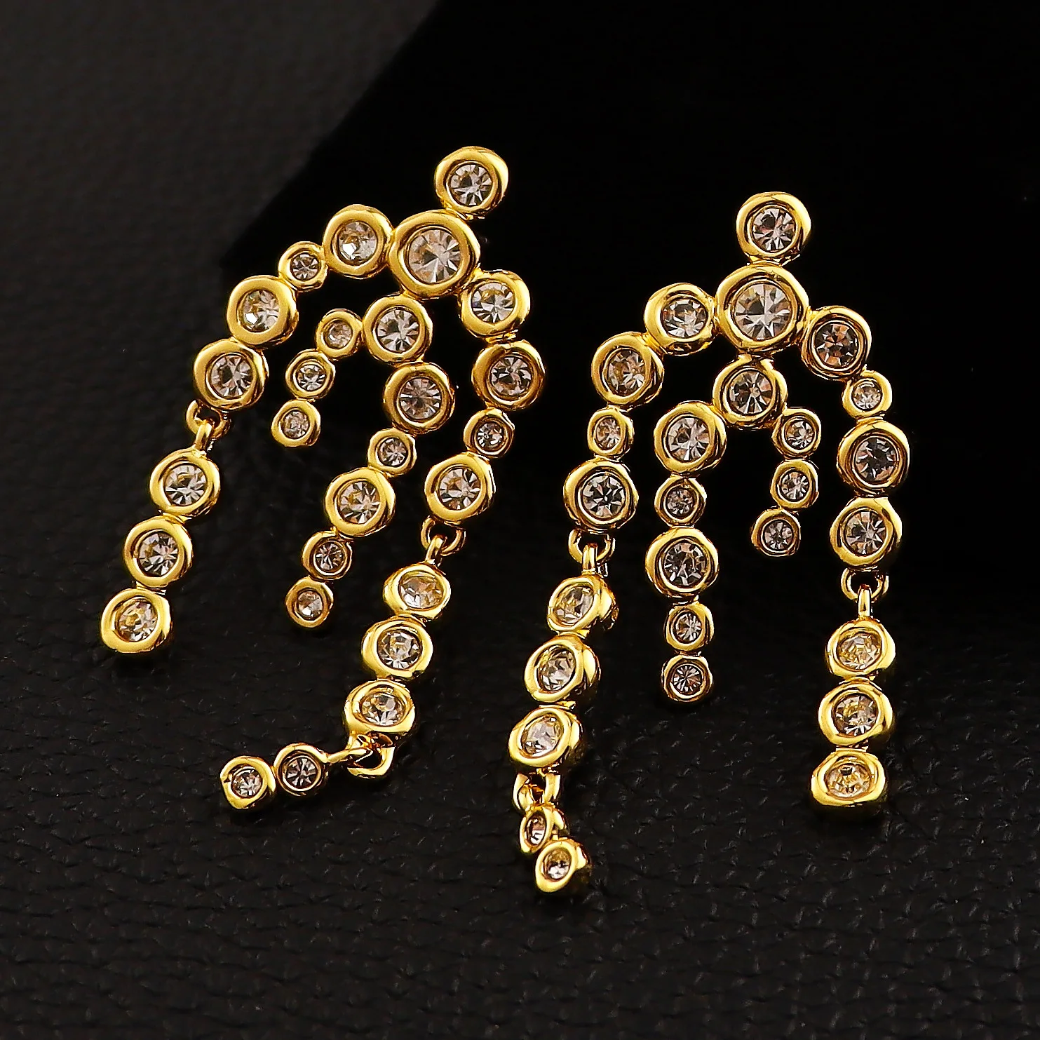 14K Gold Plated Bubble CZ Arch Drop Earrings Multi Strand Tassel Dangle Luxury Wedding Evening Women Statement Jewelry