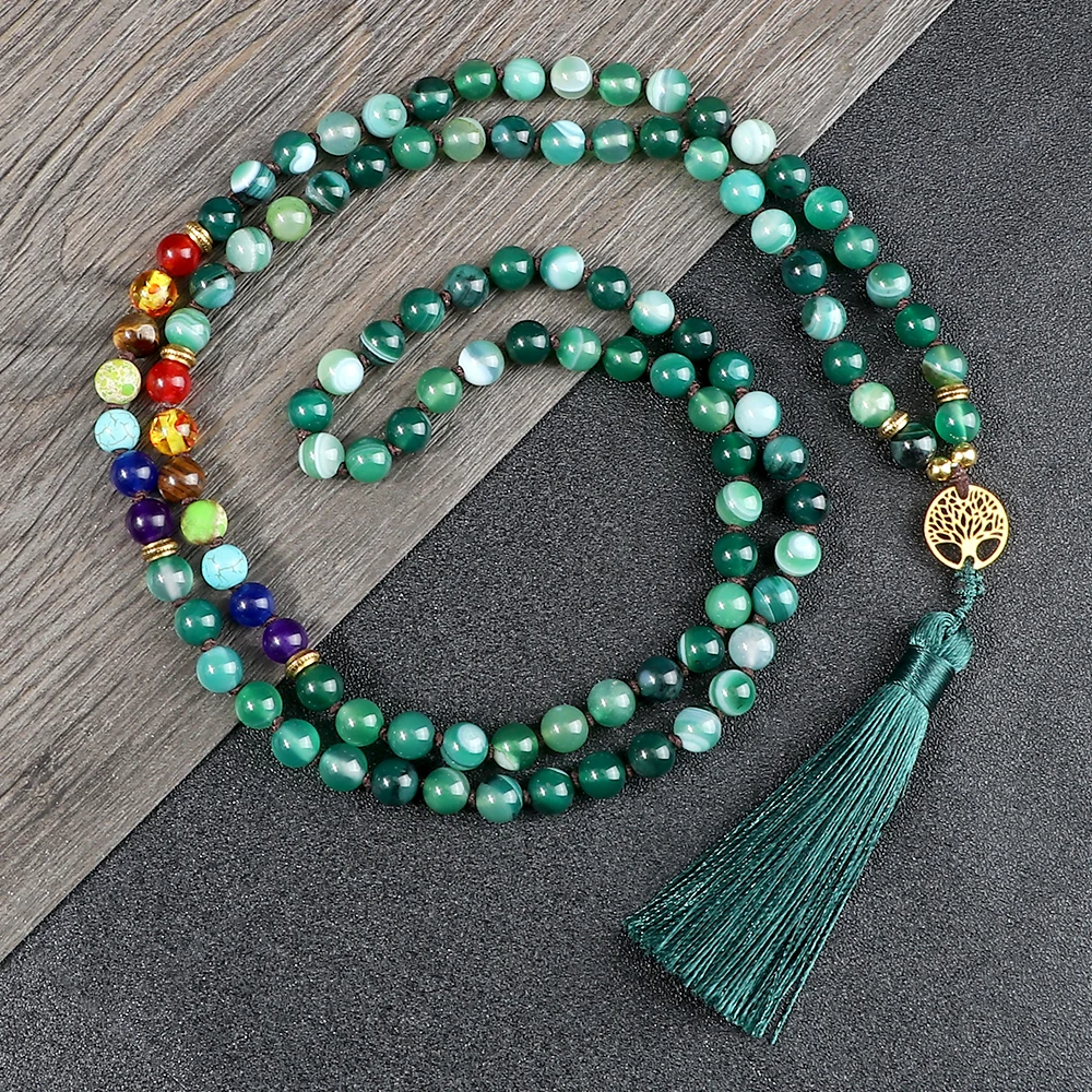 Charm Life Tree Spacer Beaded Bracelet 108 Mala Beads Onyx Blue Purple Agate Tassel Necklace Women Men Handmade Friendship Jewel