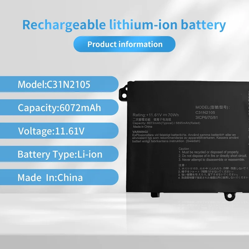100%Brand New AuthenticC31N2105 70Wh 11.61V 5895 mAhThe battery is compatible with ASUS devicesQ530VJ-I73050
