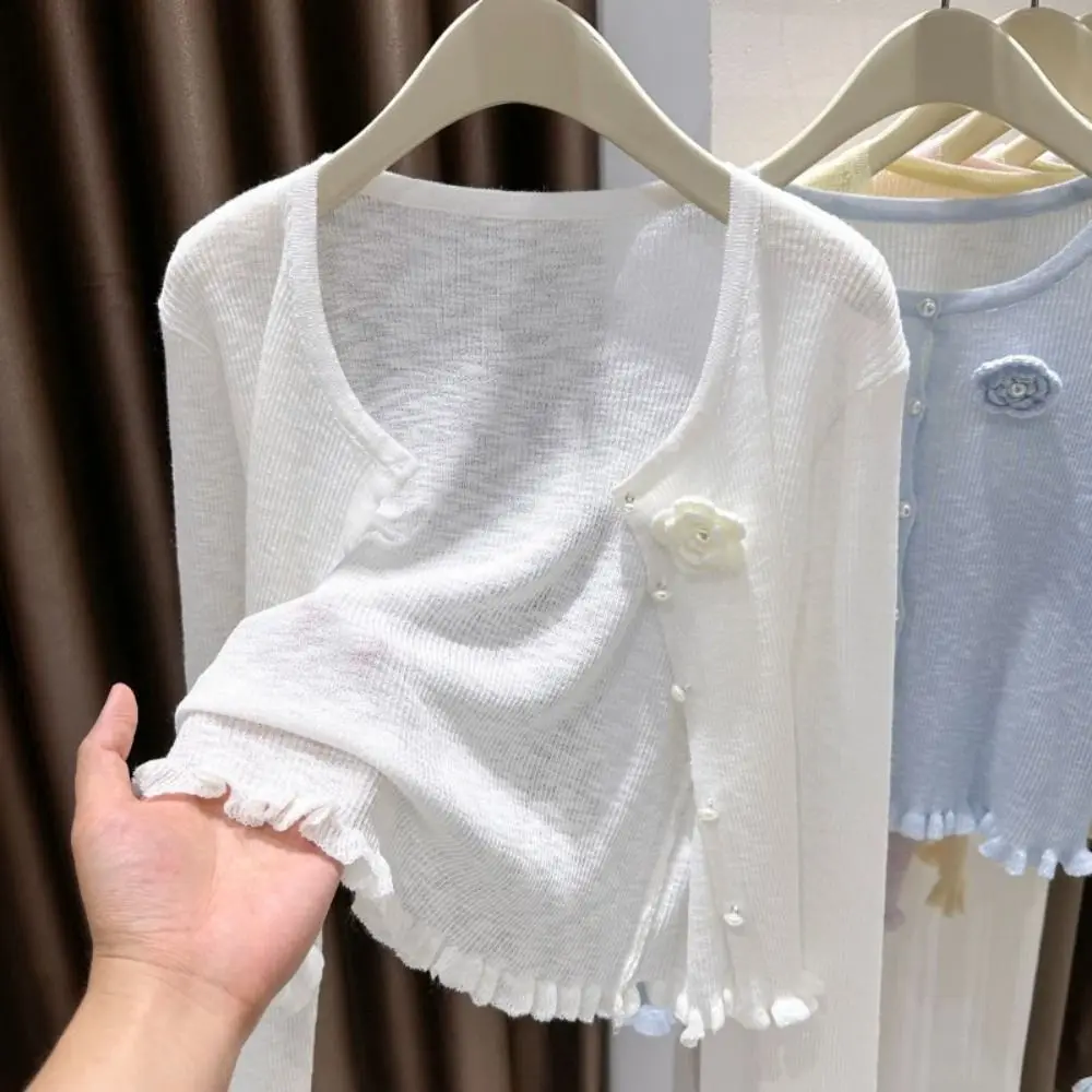 

Sheer Knit Ice Silk Cardigan Light Weight Thin Fabric Sun Protection Cardigan Crew Neck Breathable Material Knitted Cardigan