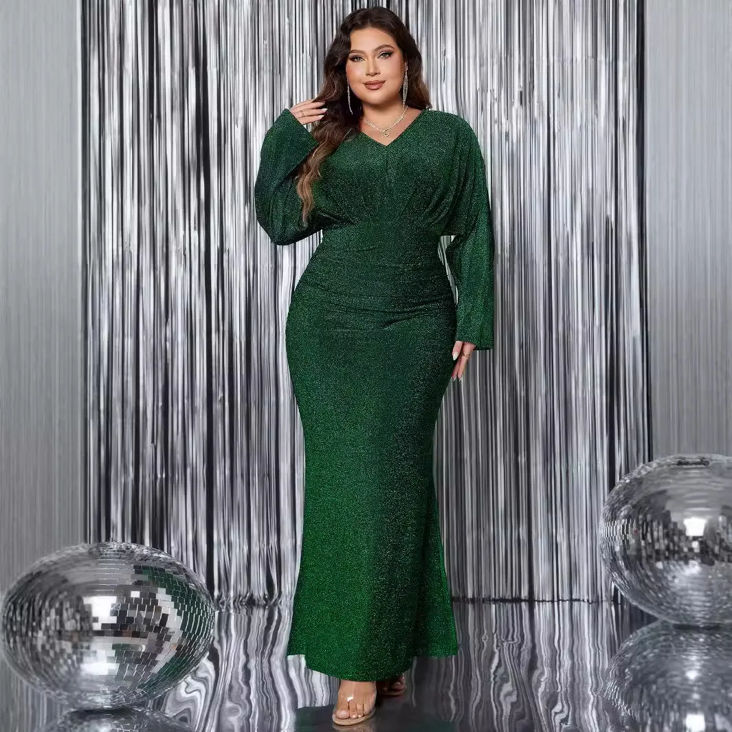 Temperament Plus Size V-Neck Long Sleeve Mermaid Hem Dress Women Autumn Evening Party Glitter High Waist Bodycon Long Dress