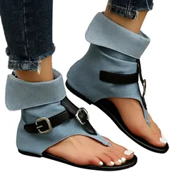 Ladies Summer Clip Toe Flat Roman Sandals Fashion Denim Belt Buckle Plus Size High Top Herringbone Women Casual Comfy Sandalias