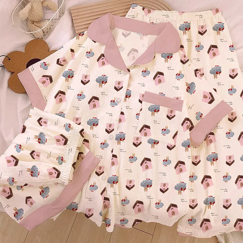 

Cartoon Homes Spring and Summer Pajamas Female Summer New Short-Sleeved Three-Piece Set of Cloudy Cotton Large Size Homewear Sui