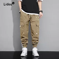 Fashion Printing Letter Large Pocket Men's Cargo Pants Classic Loose Waist Drawstring Street Casual Male Handsome Trousers