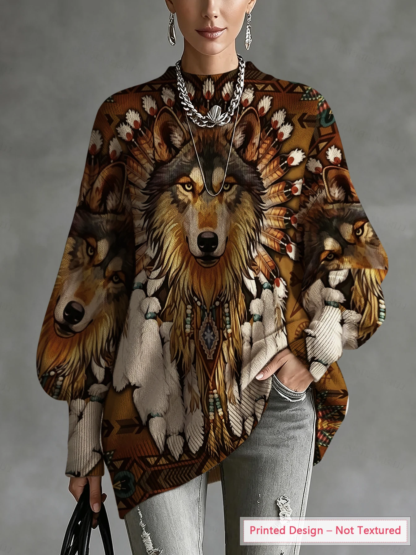 Women's Knitted Top with Oil Painting Style Animal Wolf Print, Thin Knitwear for Autumn and Winter, Vintage Casual Style, Diagonal Hem Lantern Sleeves