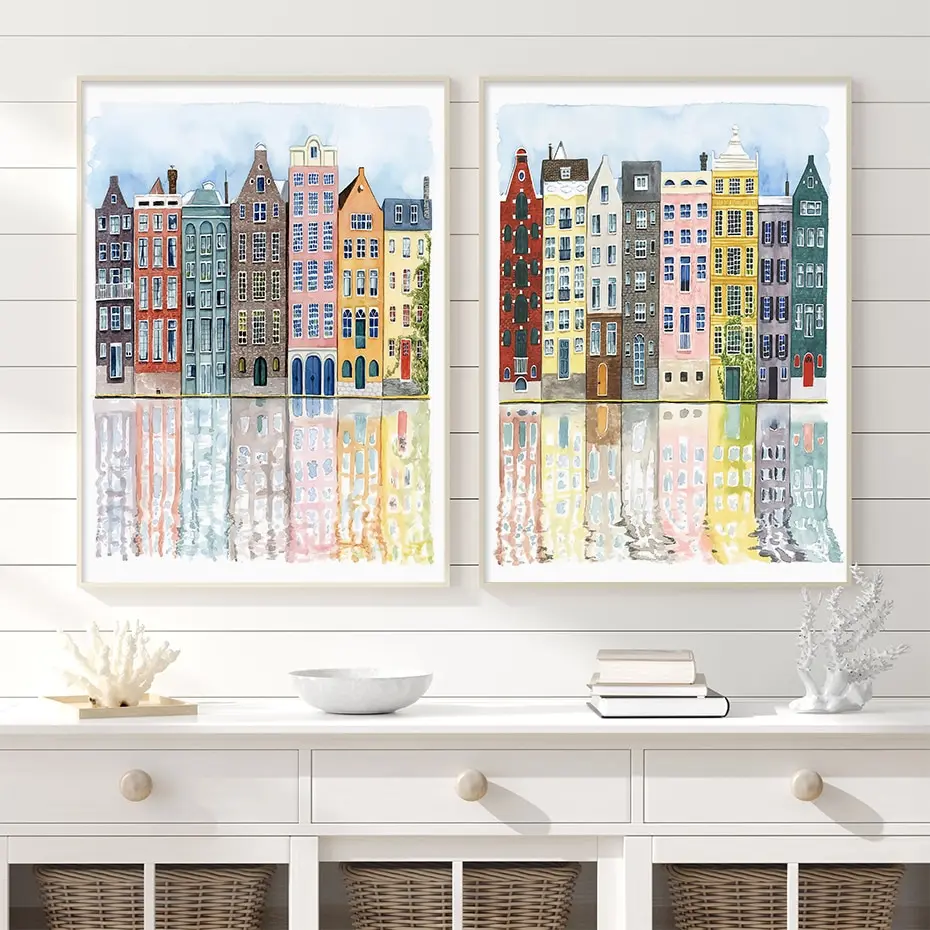 1pc frameless Canvas Painting Vintage Watercolor Cityscape Canvas Print  Colorful Old Building Facades Wall Art for Living Room