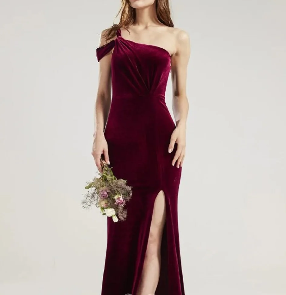 베시넬 맞춤형 원숄더 슬리브리스 벨벳 이브닝 드레스 백리스 사이드 슬릿 버건디 스위트하트 머메이드 프롬 가운