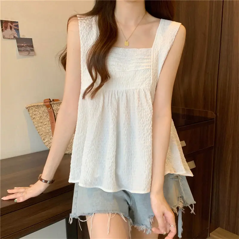 Plus Size Sleeveless Loose Sexy Tanks Summer New Solid Color All-match Pleated Sweet T Shirt Tops Fashion Korean Women Clothing