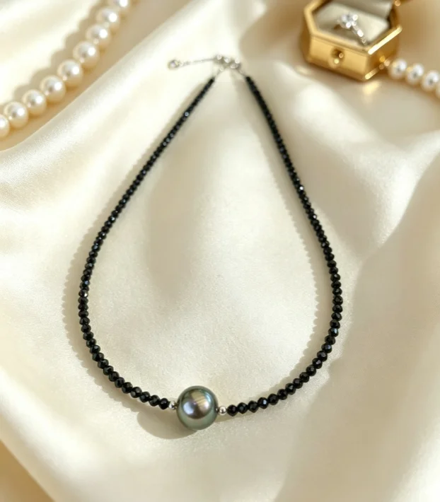 Certificate 925 Sliver Natural Black Spinel Necklace Tahitian Real Aurora Pearl 9-10mm Pendant Choker Dark Sweater Chain Jewelry