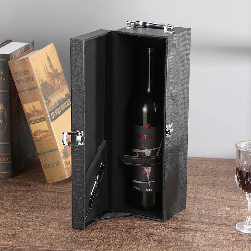 Red Wine Packaging Set. Single Bottle Wine Packaging Box, Lizard-patterned Wooden Packaging Box