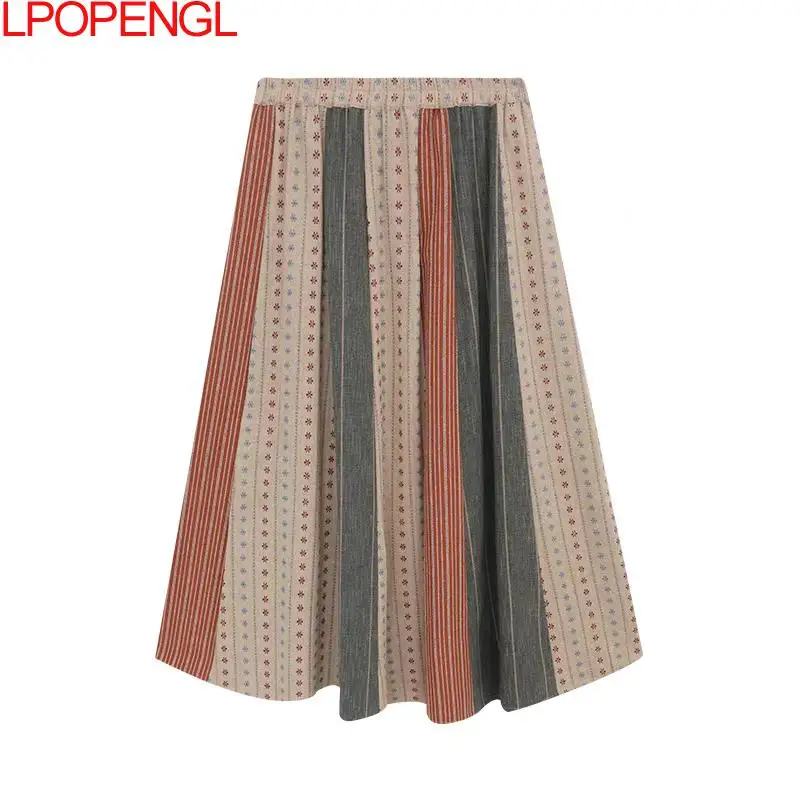 Ethnic Style Retro Personality Versatile Elastic Waist Skirt New Women Autumn And Winter Fashion Casual Patchwork Umbrella Skirt