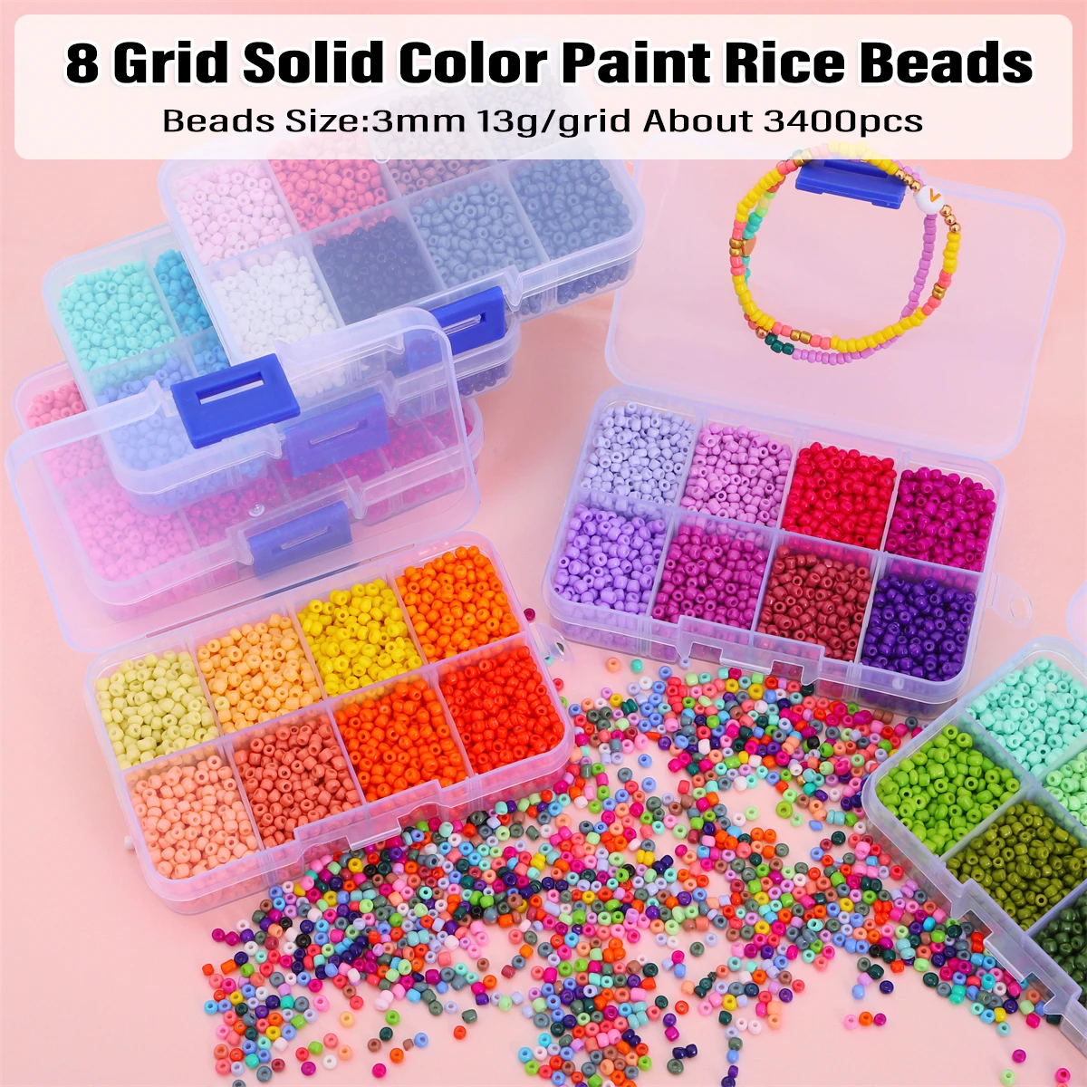 

8 Grid Pack 3mm Solid Color Paint Rice Beads For Handmade DIY Bracelet Necklaces Making Jewelry Accessories Materials 3400pcs