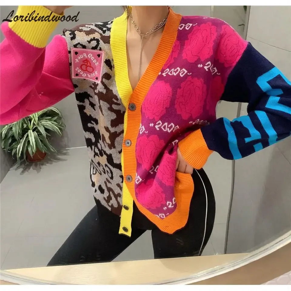 Loribindwood 2023 Korean Version of The V-neck Pattern Color-blocking Knitted Cardigan Jacket Sweater Classic All-match