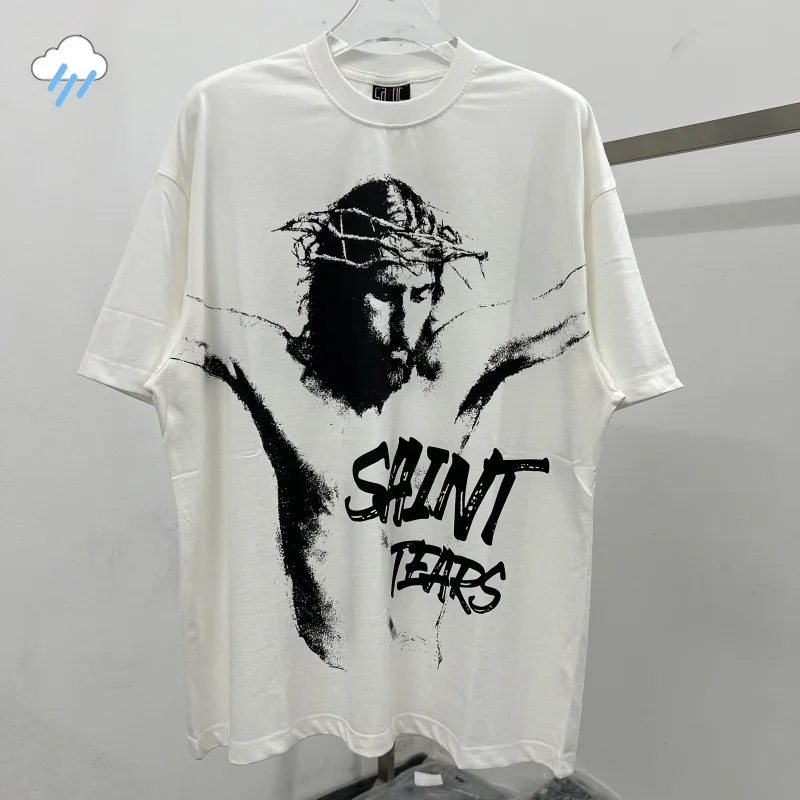 

Men Women High Street Classic Letter Logo Character Graffiti Print Saint Tears T Shirt Best Quality Cotton White T Shirt Tops