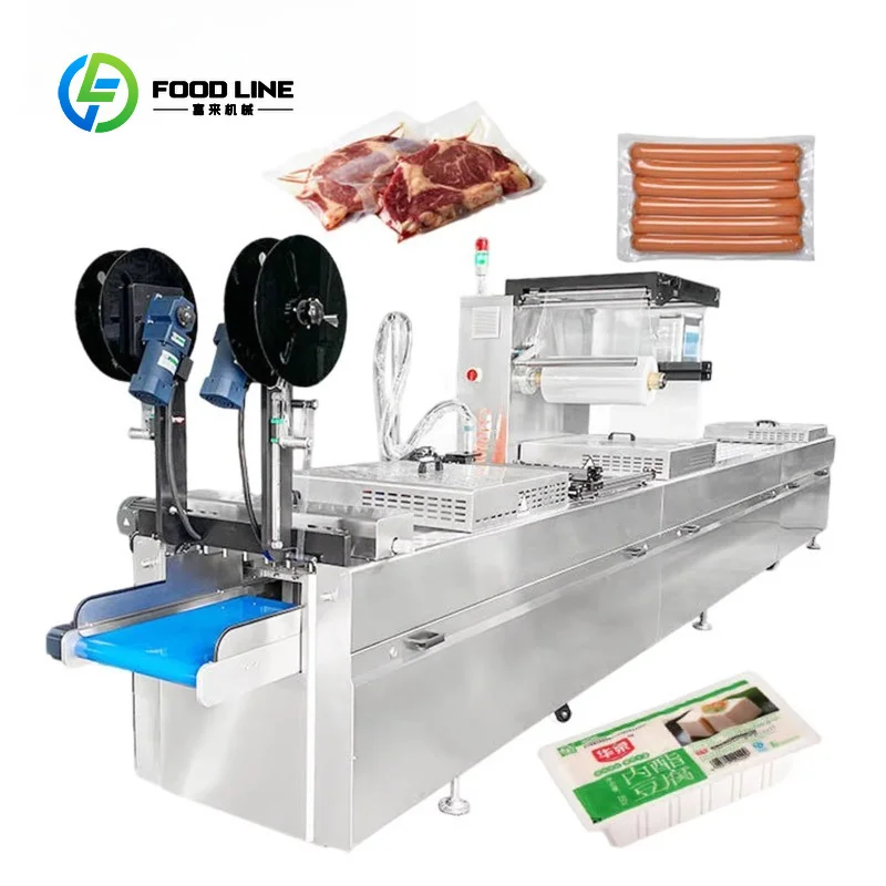 Máquina de envasado al vacío termoformadora automática, grande y flexible, para embutidos, ricota, mozzarella, queso cheddar, continua