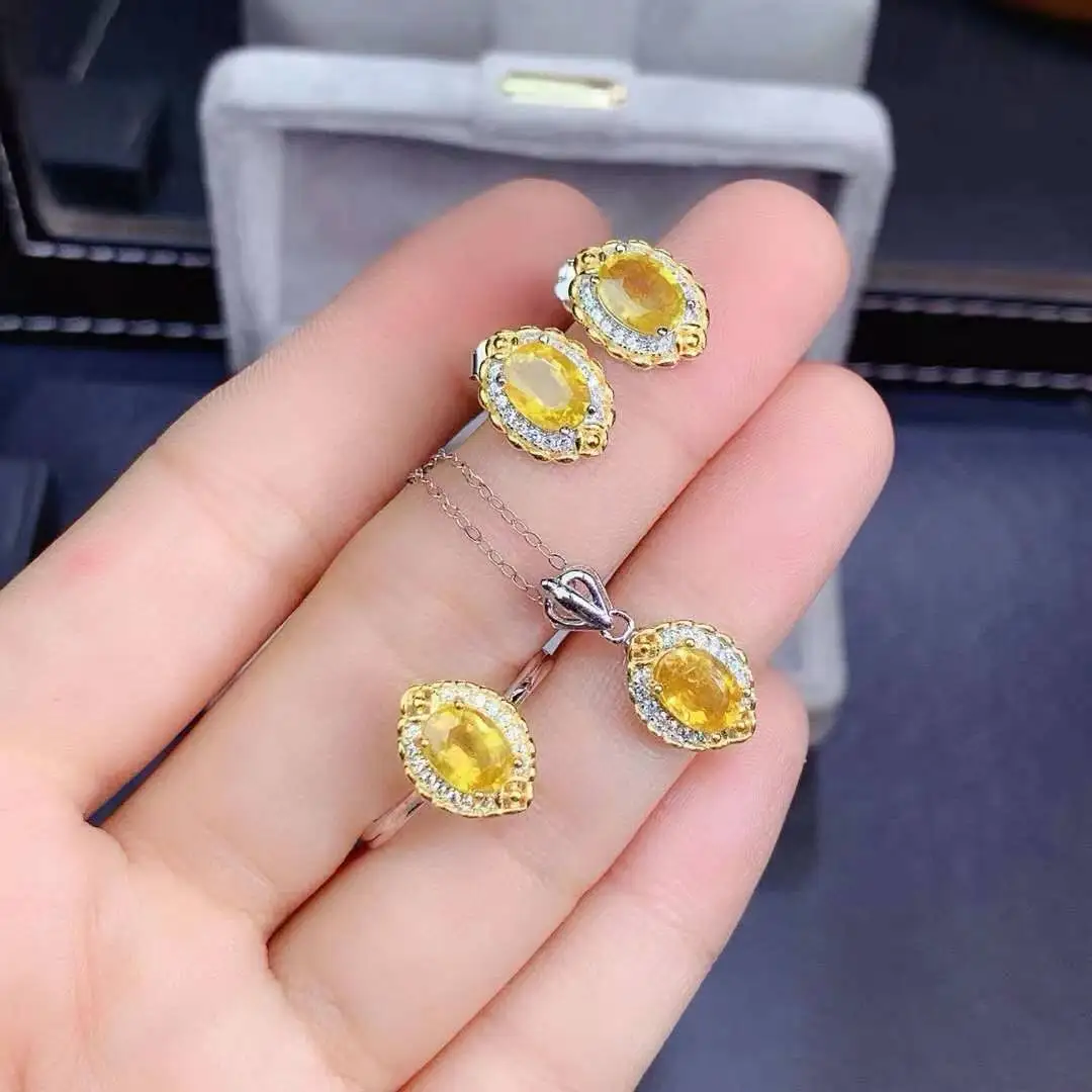 Pure Natural Yellow Color Sapphire Set For Sale 925 Sterling Silver Classic Women Jewelry 1pc ring,1pc pendant,2pcs earrings