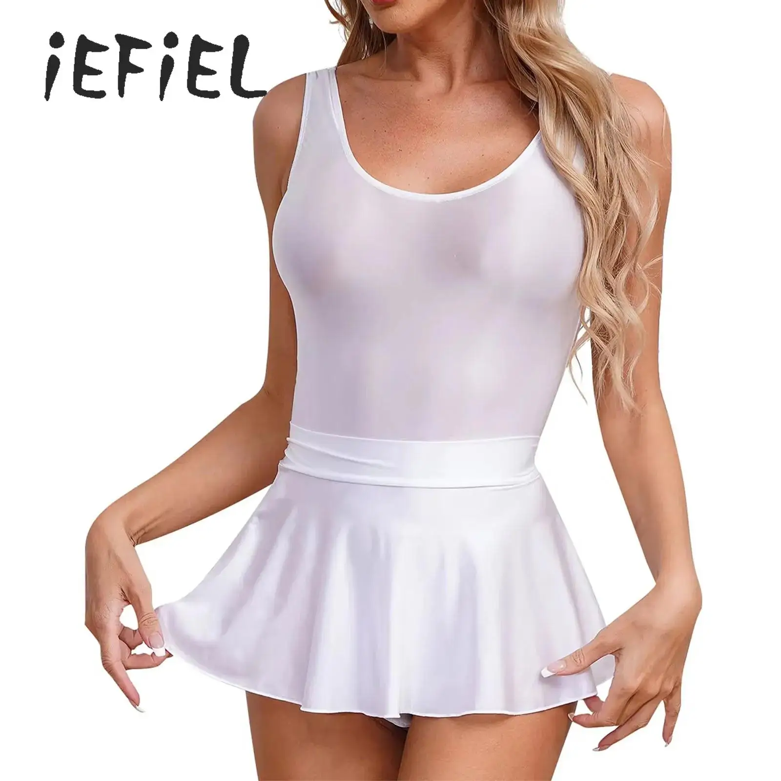 

Womens Swimsuit with Skirt Two-Piece Swimwear Glossy High Cut Leotard Bodysuit with Ruffled Mini Skirt Set for Beach Swimming