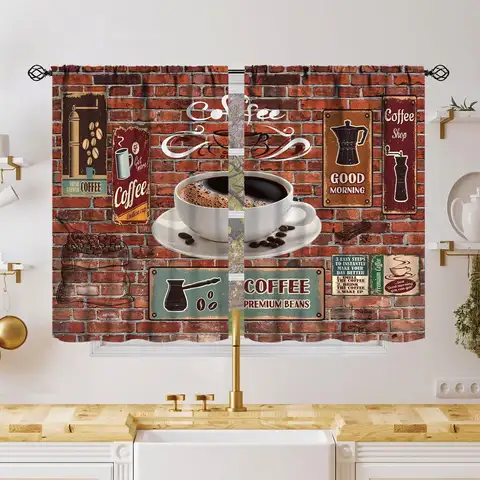 Retro Coffee Kitchen Curtains Rustic Brown Brick Wall Drapes Modern Art Printed Blackout Window Drapes for Living Room Decor