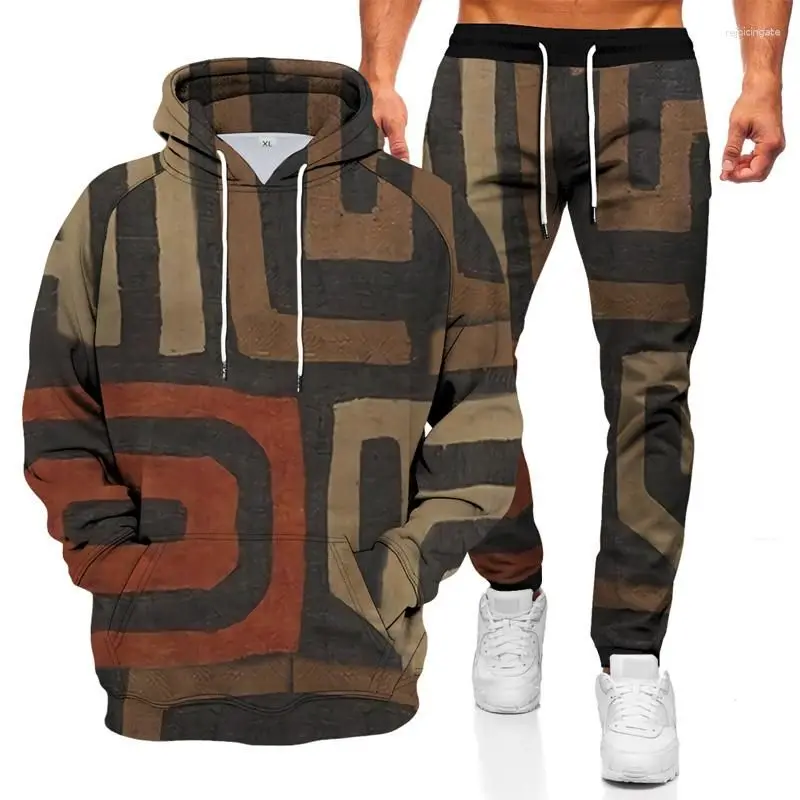 Men\'s Tracksuits Fashionable Hoodie Sports Suit 3D Geometric Graphic Printed Casual Loose Long Sleeve Pants Set 2 Pieces