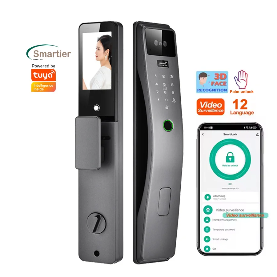 Smartier 3D Face Recognition Smart Door Lock Real Time Video Intercom Wifi Intelligent Tuya Door Lock With Palm Print