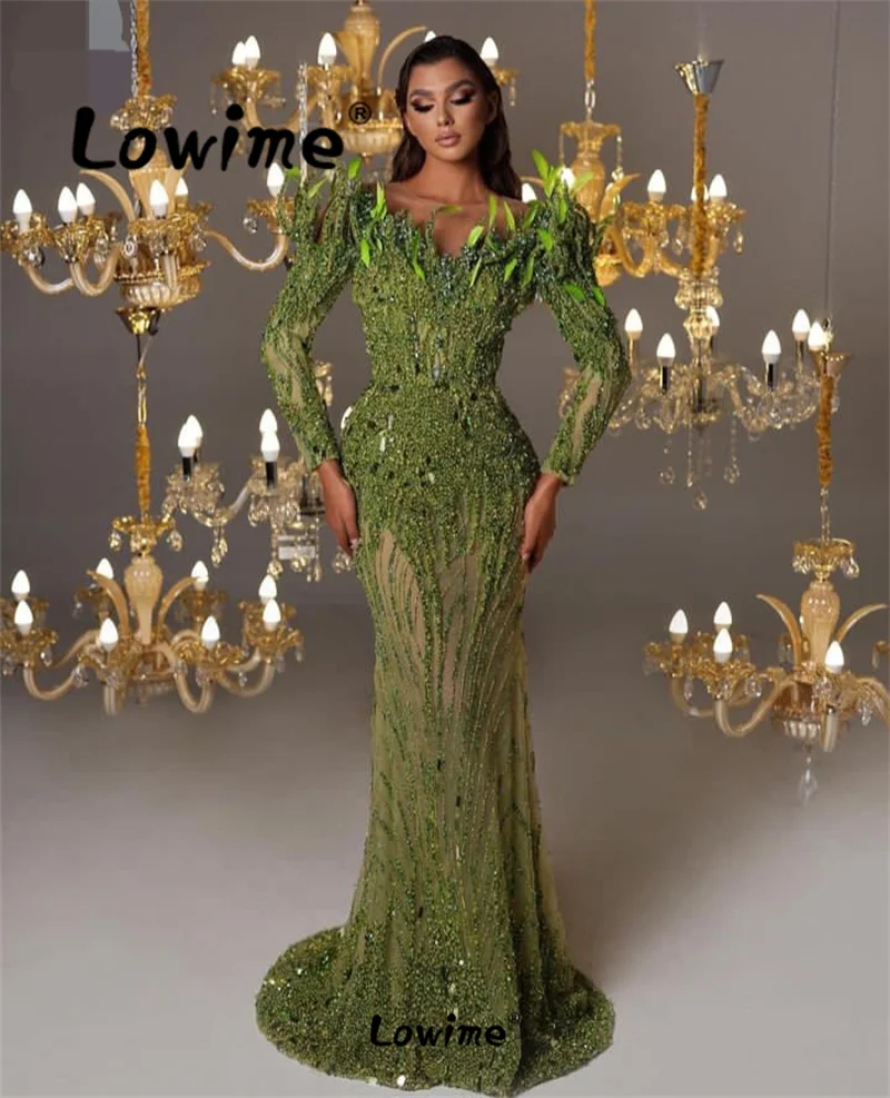 Gorgeous Green Beaded Long Sleeves Evening Dress Feathers Dubai Women Aso Ebi Party Gowns Vestidos De Noche Mermaid Prom Dresses